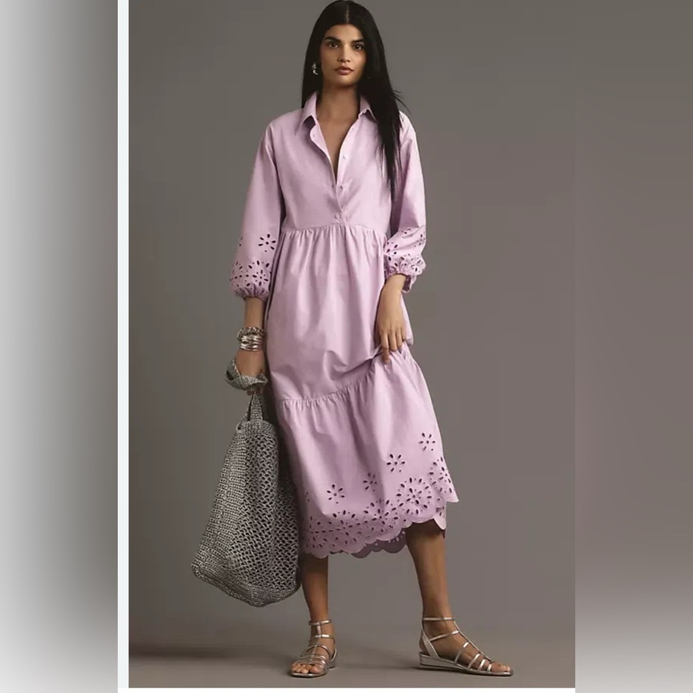 Maeve Bettina Lavender Eyelet Tiered Midi Shirt Dress
